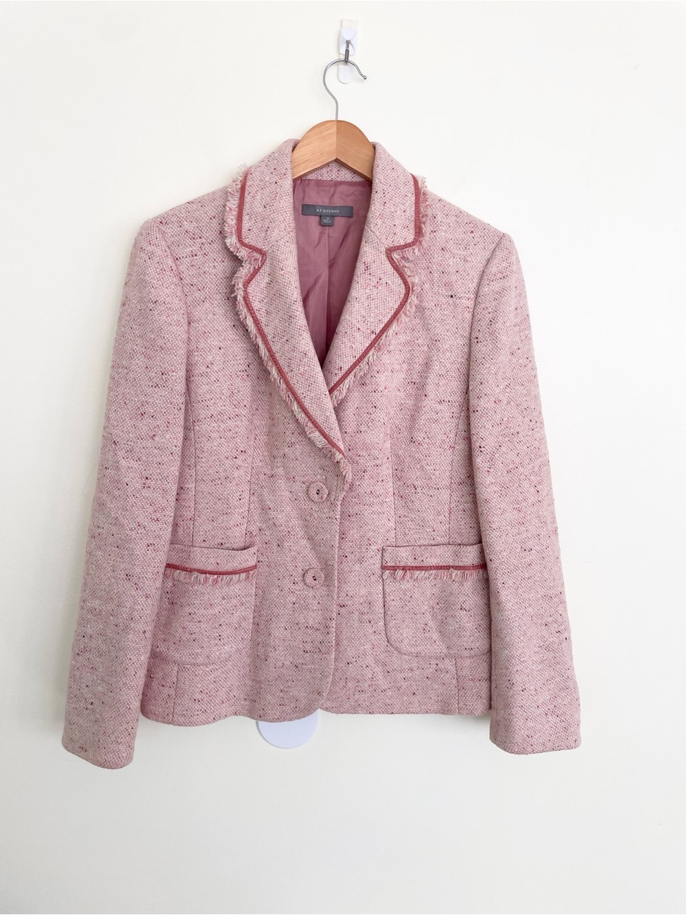 Ann Taylor Wool Blend Tweed Fringe Blush Rose Pink Blazer Jacket Sz 12 Academia